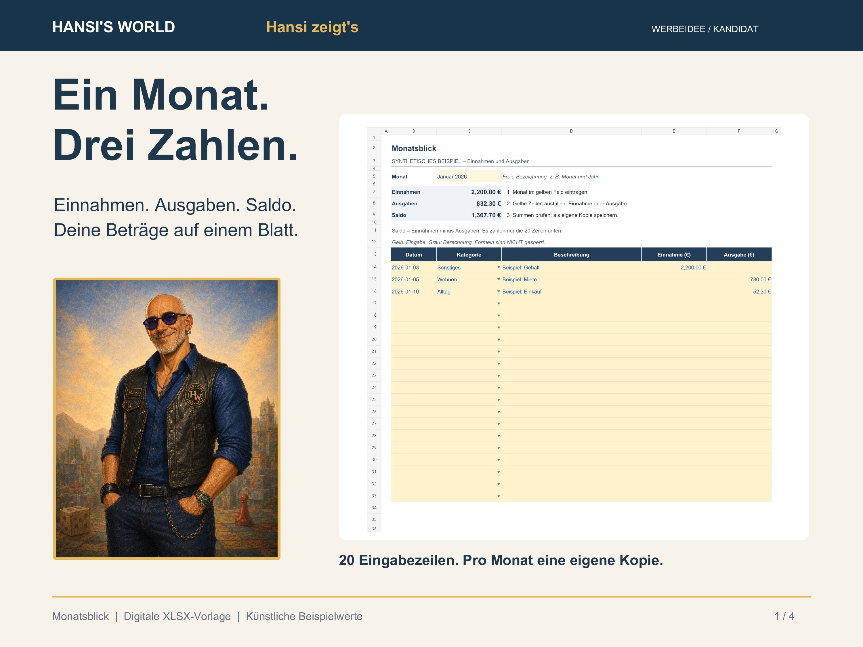 Monatsblick: Vorschau der Monatsübersicht mit Beispielwerten