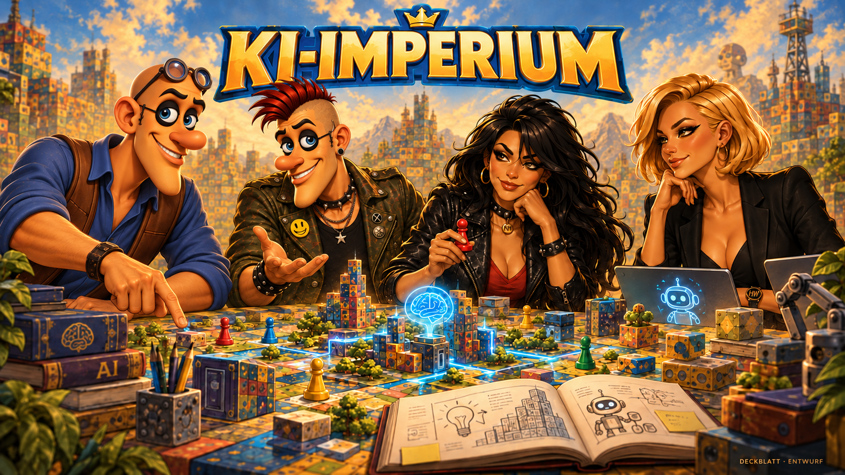 Vorhandener Coverentwurf zu KI-Imperium mit vier Comicfiguren an einem Spieltisch